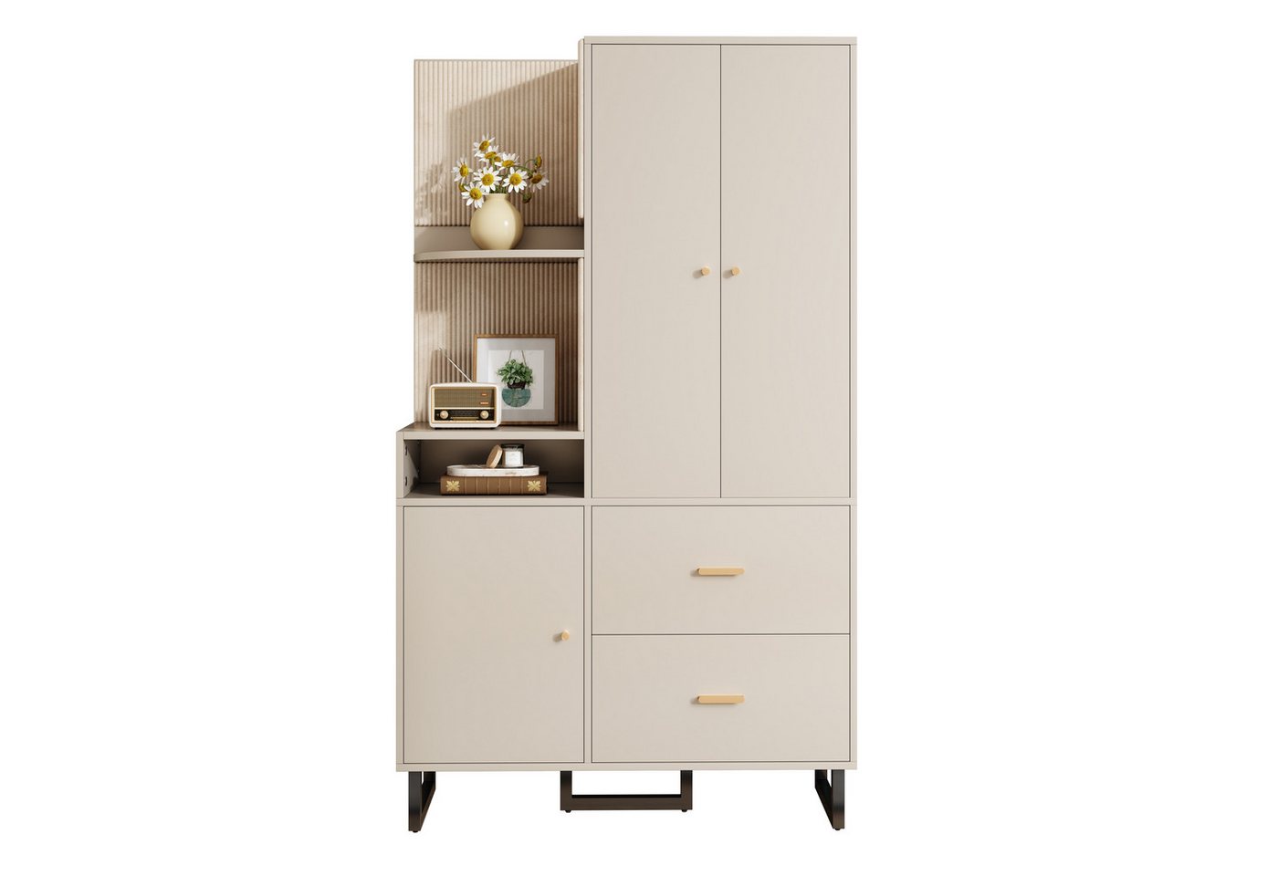 Refined Living Garderoben-Set Kompaktgarderobe, Flurgarderobe, Kleiderschrank & Schuhschrank, (110x186x38 cm, Diele Garderobe mit Soft-Close Türen, offenes Regal & Schubladen, viel Stauraum, Aufbewahrungsschrank, Sideboard, Kommode, Garderobenschrank, mit gepolsterten Paneelen, ausziehbare Kleiderstange, 1-St., Hochwertig & leise, Soft-Touch Stoffpaneele, Vielseitiger Stauraum), für Flur,Eingangsbereich,Schlafzimmer,Wohnung,Wohnzimmer,Familien von Refined Living