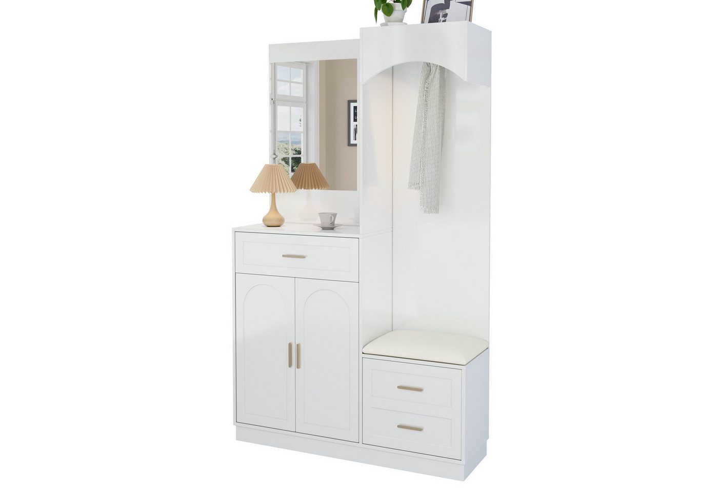 Refined Living Garderoben-Set Kompaktgarderobe mit Spiegel & Sitzbank,Garderobenschrank,Schuhschrank, (1-St., Multifunktional & platzsparend, mit Verstellbare Einlegeböden, Robuste), für Flur,Wohnzimmer,Eingangsbereich,Wohnung,Schlafzimmer,Büro von Refined Living