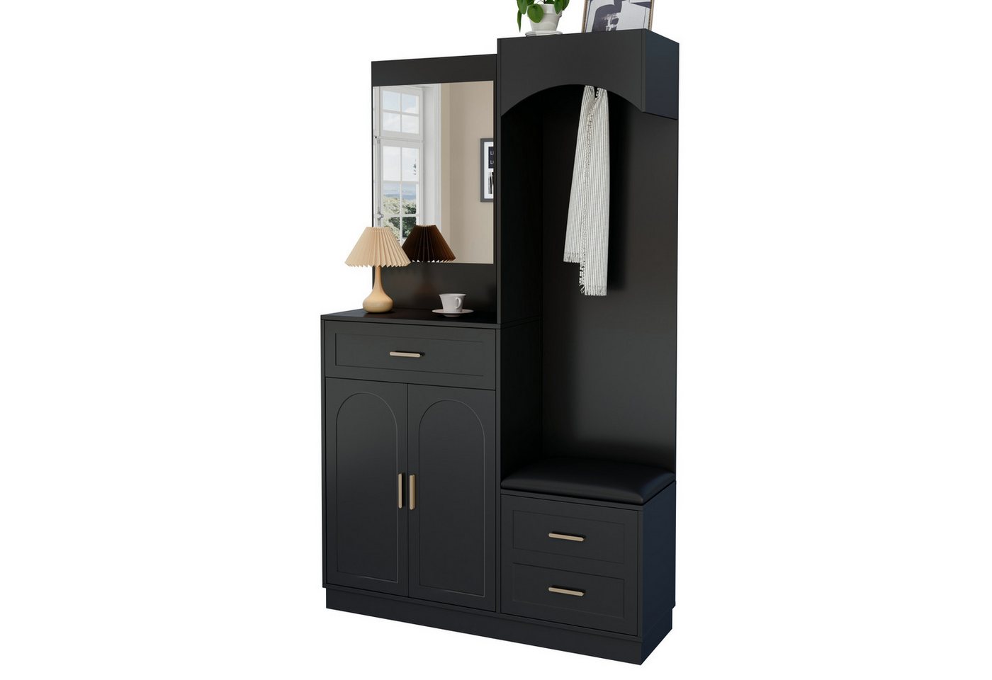 Refined Living Garderoben-Set Kompaktgarderobe mit Spiegel & Sitzbank,Garderobenschrank,Schuhschrank, (1-St., Multifunktional & platzsparend, mit Verstellbare Einlegeböden, Robuste), für Flur,Wohnzimmer,Eingangsbereich,Wohnung,Schlafzimmer,Büro von Refined Living