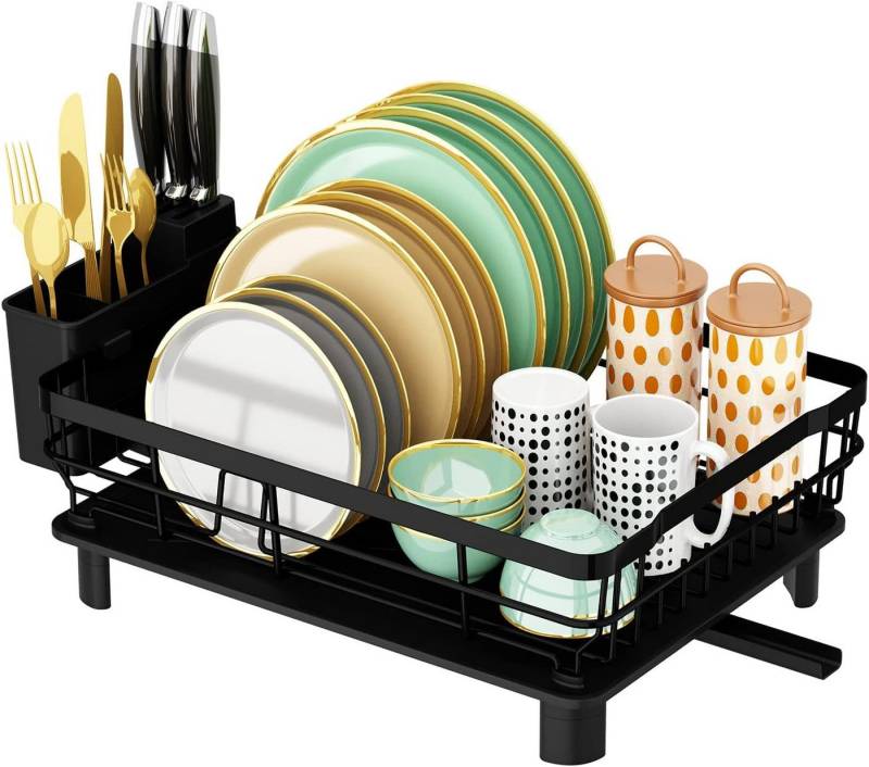 Refined Living Geschirrständer Geschirrabtropfgestell mit Abtropfmatte, Platzsparend Geschirrständer, Zubehör für Teller Abtropfständer, Multifunktionales Abtropfgestell-Set, Ablage für Küchenspüle, mit 360° Abfluss abnehmbarem und Messerfächern, Geschirrständer für die Küchenarbeitsplatte, Robustes, rostfreies, für Küchentheke,Spülbecken,Effizienten Trocknen& Verstauen von Geschirr von Refined Living