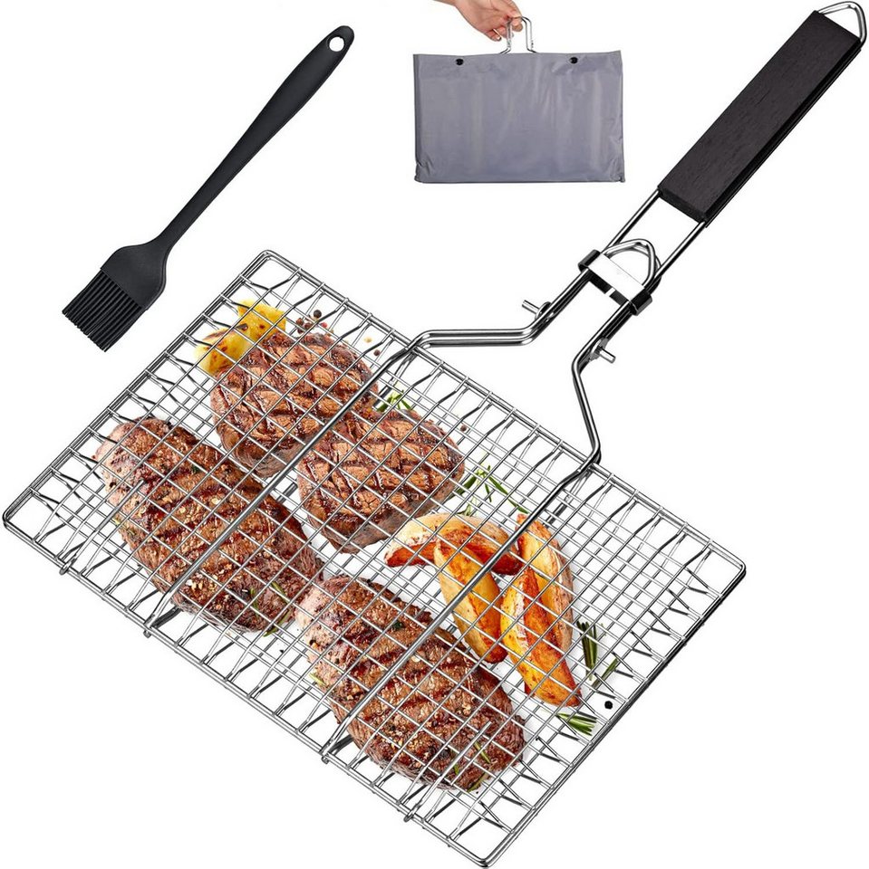 Refined Living Grillguthalter Grillkorb Edelstahl faltbar Fisch Gemüse Grillgitter mit Tasche,Bürste, Edelstahl, Antihaft-Beschichtung, (Fischgrillkorb, BBQ Grillkorb faltbar, Grillkorb mit Holzgriff, Grillzubehör Fisch Gemüse, Edelstahl Grillgitter, Grillkorb Outdoor Camping, BBQ Korb klappbar, Rostfreie Zubehör Körbe zum Grillen, mit abnehmbarem Griff, tragbares Grillgitter, 1-St., Fischbräter Grill, Abschließbares Gitterdesign, Antihaft-Beschichtung), für Fischsteak,Gemüse, Garnelen, inklusive Backpinsel & Oxford-Tasche Refined Living Grillguthalter Grillkorb Edelstahl faltbar Fisch Gemüse Grillgitter mit Tasche,Bürste, Edelstahl, Antihaft-Beschichtung, (Fischgrillkorb, BBQ Grillkorb faltbar, Grillkorb mit Holzgriff, Grillzubehör Fisch Gemüse, Edelstahl Grillgitter, Grillkorb Outdoor Camping, BBQ Korb klappbar, Rostfreie Zubehör Körbe zum Grillen, mit abnehmbarem Griff, tragbares Grillgitter, 1-St., Fischbräter Grill, Abschließbares Gitterdesign, Antihaft-Beschichtung), für Fischsteak,Gemüse, Garnelen, inklusive Backpinsel & Oxford-Tasche von Refined Living