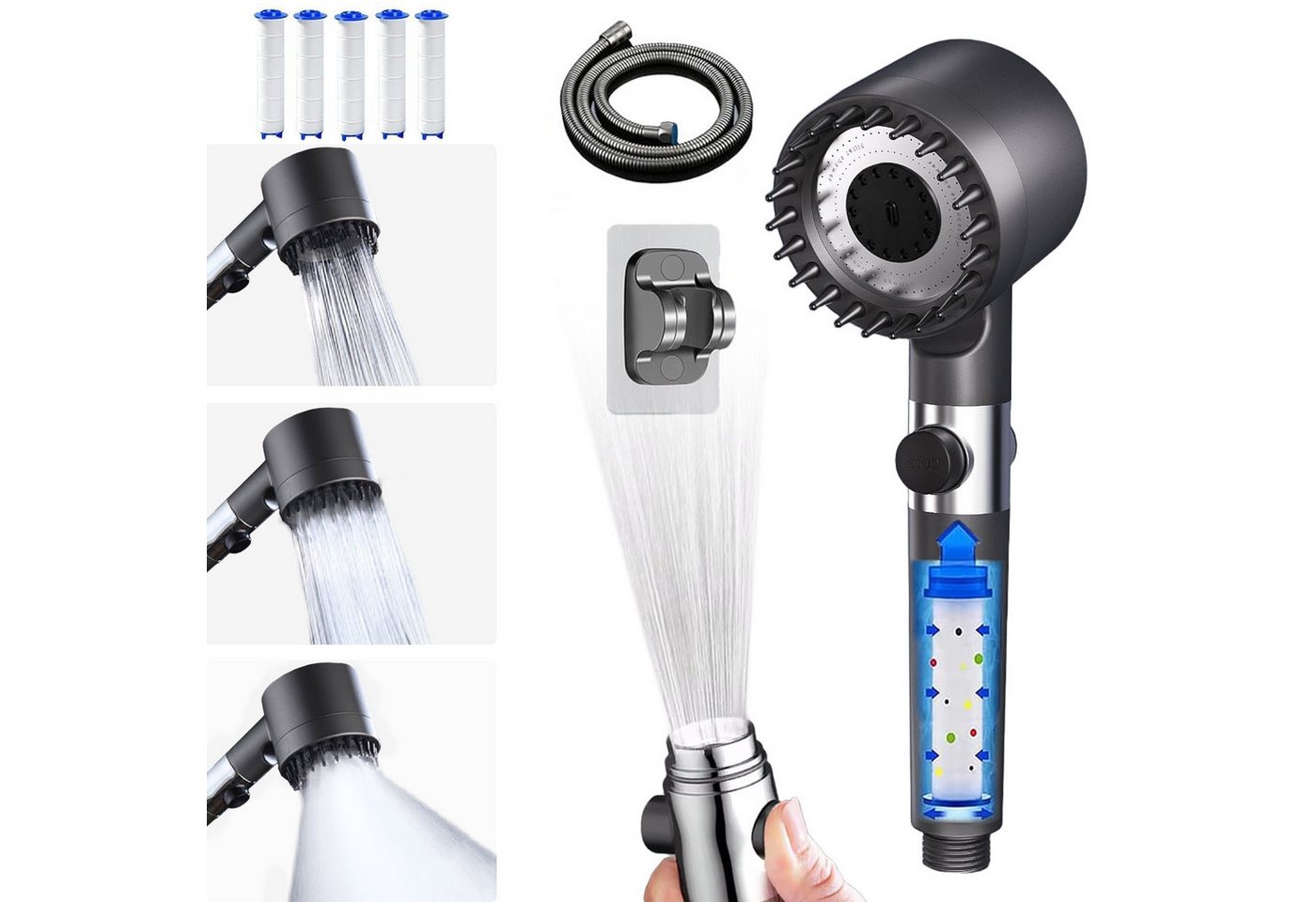 Refined Living Handbrause Duschkopf mit Filter und Schlauch mit 4 Strahlarten 2m Duschschlauch, (mit Duschständer, Duschkopf Druckerhöhend mit Wasserpausentaste, 1-tlg., shower head für Hartes Wasser, Rest-Chlor,Bakterien, Schwermetall), Sparduschkopf Handbrause für Ihr Badezimmer Refined Living Handbrause Duschkopf mit Filter und Schlauch mit 4 Strahlarten 2m Duschschlauch, (mit Duschständer, Duschkopf Druckerhöhend mit Wasserpausentaste, 1-tlg., shower head für Hartes Wasser, Rest-Chlor,Bakterien, Schwermetall), Sparduschkopf Handbrause für Ihr Badezimmer von Refined Living