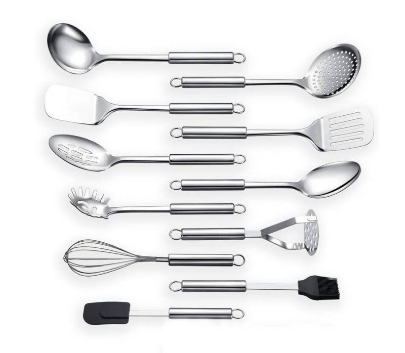 Refined Living Kochbesteck-Set 11-teiliges Edelstahl-Küchengerät Set Küchenhelfer Kochgeschirr (Spar-Set, 11-tlg.Kochzubehör, Küchenhelfer, Bestecksets zum Kochen, Hitzebständig, Langlebig, Hochwertige Konstruktion, küchenutensilien, küchengeräte, 11-tlg., Erhöhen Sie den Standard in Ihrer Küche, Leicht zu reinigen und pflegen), mit Aufhängeösen, Vielseitiges 11-teiliges Set, Silber von Refined Living
