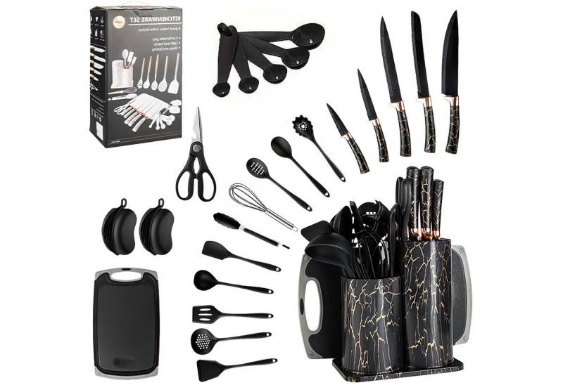 Refined Living Kochbesteck-Set Küchenhelfer Set 25st Silikon Hitzebeständig mit Aufbewahrungsständer (BPA-frei Antihaftbeschichtet, Hitzebeständig küchenutensilien, Kochgeschirr Set Schwarz Antihaft-Spatel, Messer,Aufbewahrungseimer), ideal für beschichtete Pfannen und Töpfe von Refined Living