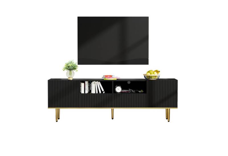 Refined Living Lowboard Moderner TV-Schrank Wohnzimmer TV-Schrank TV-Möbel Fernsehtisch (2 Türen, mit 2 Fächern, 2 Schubladen, mit goldenen Füßen und goldenem Rand, Multifunktion), Moderne goldene Akzente, Hochwertige Materialien, GroBer Stauraum von Refined Living