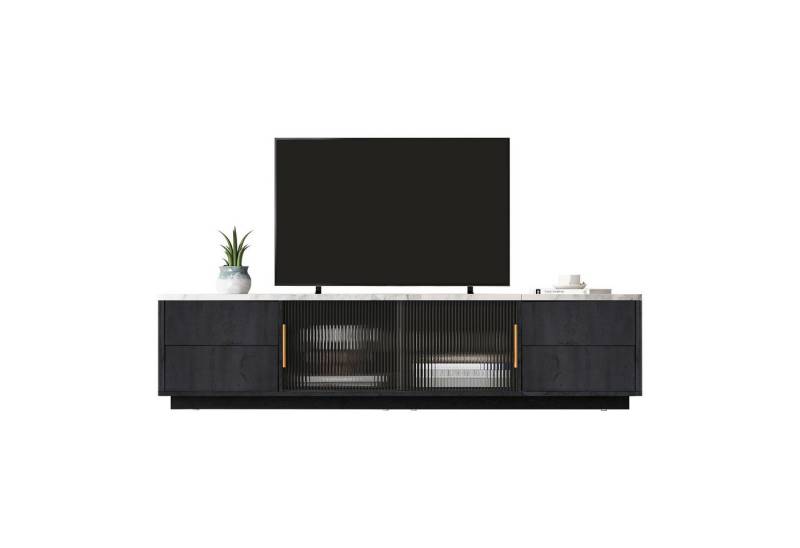 Refined Living Lowboard TV-Schrank TV-Board Multimedia-Schrank marmorierte Tischplatte (160*40*44.5cm Fernsehtisch Fernseher-Ständer mit Marmoroptik Hochwertige Materialien, 1 St., reichlich Stauraum Mit vier Schubladen und Schwebetüren aus Glas), mit Push-to-Open Funktion, Kabelmanagement, Deluxe TV Stand für 70" TV von Refined Living