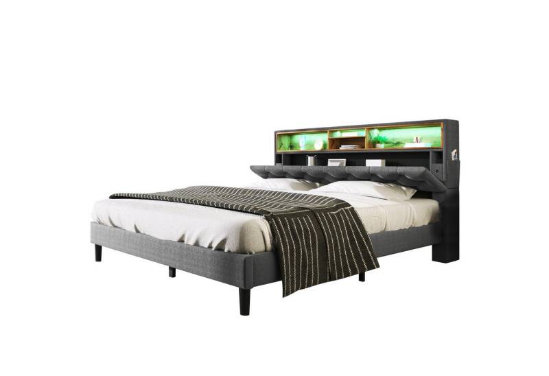 Refined Living Polsterbett Doppelbett Stauraum-Kopfteil Bett, mit LED-Beleuchtung (Integrierter Stauraum und LED-Dekoration Robuste und langlebige Modernes Bett, 1-tlg., 160x200 cm mit aufladen USB ohne Matratze Massivholz-Lattenrost), Vielseitiger Stauraum, Komfortbett, hochwertiges Bett von Refined Living