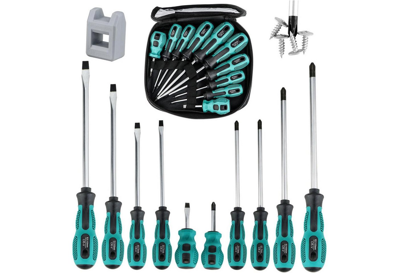 Refined Living Schraubendreher 10 pcs Schraubendreher Set Profi Magnetisches mit Magnetisierer, (1 St), 5 Größen Flach- und Kreuzschlitz, Chrom-Vanadium-Stahl, mit Koffer von Refined Living