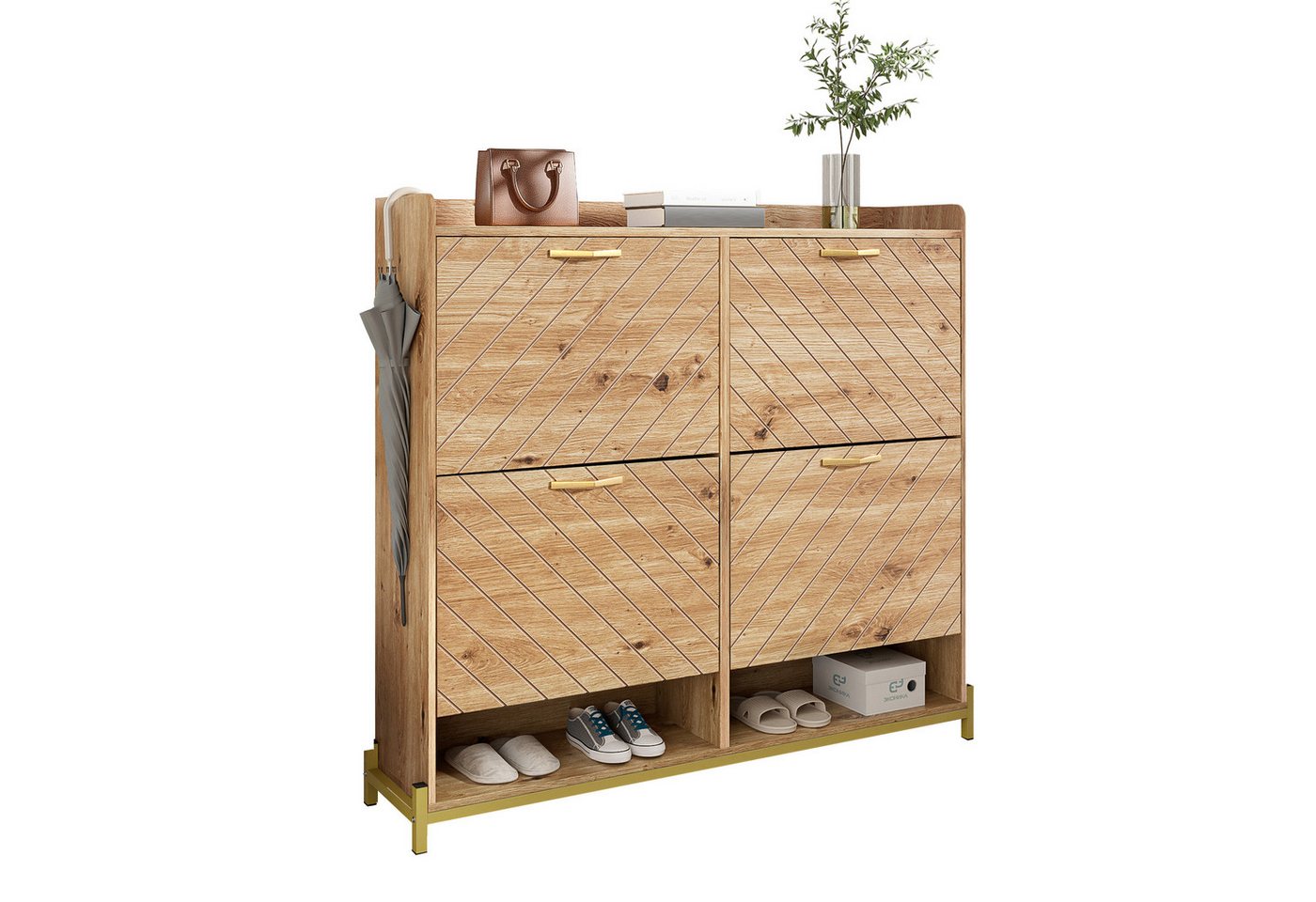 Refined Living Schuhschrank Schuhregal in Holzoptik, mit 4-türiger Schuhschrank, Flurschrank (108,5 cm (L) × 24 cm (B) × 100 cm (H), Schuhschrank schmal Flur, Flurschrank platzsparend, Schuhaufbewahrung modern, Schuhkommode, Schuhaufbewahrung, Aufbewahrungsschrank, Dielenschrank, platzsparend, 1-St) für Flur, Wohnzimmer, Eingangsbereich, Wohnung, Schlafzimmer, Büro von Refined Living