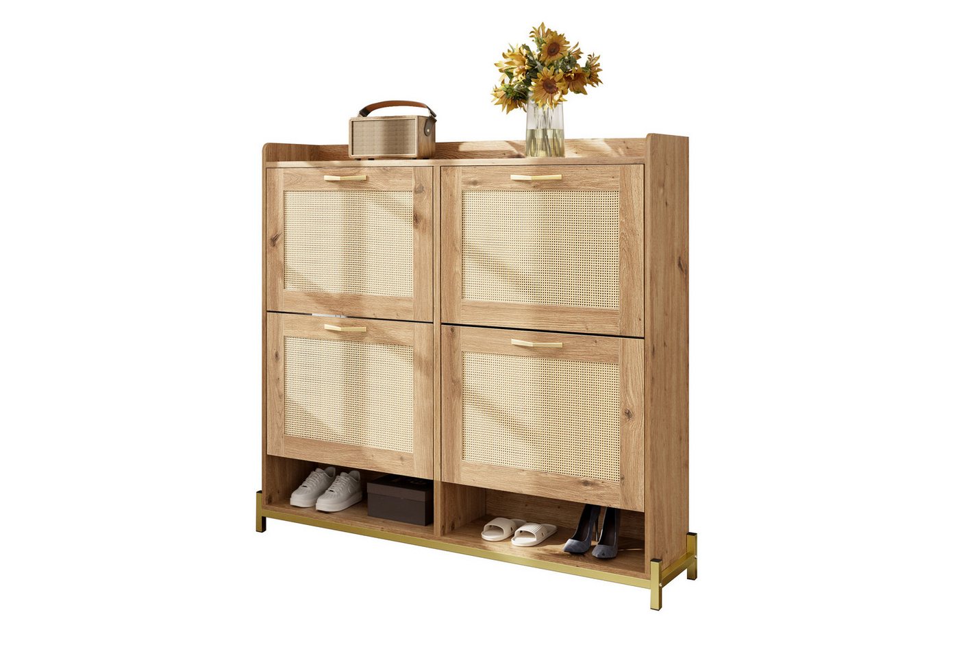 Refined Living Schuhschrank Schuhregal in Holzoptik, mit 4-türiger Schuhschrank, Flurschrank (108,5 cm (L) × 24 cm (B) × 100 cm (H), Schuhschrank schmal Flur, Flurschrank platzsparend, Schuhaufbewahrung modern, Schuhkommode, Schuhaufbewahrung, Aufbewahrungsschrank, Dielenschrank, platzsparend, 1-St) für Flur, Wohnzimmer, Eingangsbereich, Wohnung, Schlafzimmer, Büro von Refined Living