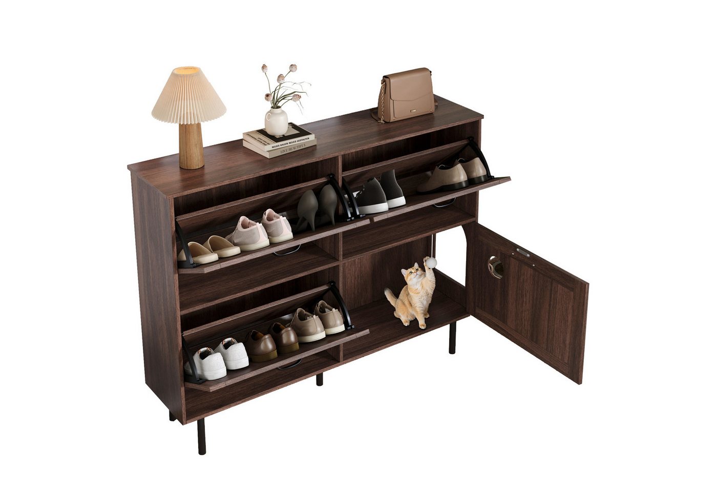 Refined Living Schuhschrank Schuhschrank mit 3 Klappen & 4 Türen,Schuhregal Flur,Schuhaufbewahrung (120 L × 28 B × 92 H (cm), Schmaler Schuhschrank aus Spanplatte in Walnussholz-Optik mit schwarzen Griffen, atmungsaktive Rückwand,mit integriertem Katzenspielzeug, Schuhregal & Schuhablage,Flurmöbel, platzsparend, Hochwertige Materialien, 1-St., Praktische Aufbewahrung,Haustierfreundliches,Gemusterte Türpaneele) von Refined Living
