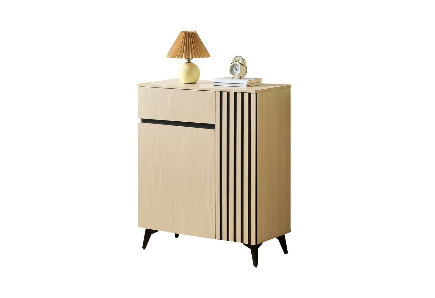 Refined Living Schuhschrank Sideboard, Kompakt-Kommode, Stauraumschrank, Schuhregal mit Türen (Flurschrank mit Stauraum, 75 × 35 × 90 cm mit 2 Türen + 1 Schublade, verstellbare Einlegeböden, Hellholz-Dekor & schwarzen Akzenten, 1-St., Großzügiger Stauraum,Stabile Konstruktion & langlebig,multifunktional) für Flur, Eingangsbereich, Wohnung, Büro, Wohnzimmer,Schlafzimmer von Refined Living