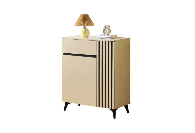 Refined Living Schuhschrank Sideboard, Kompakt-Kommode, Stauraumschrank, Schuhregal mit Türen (Flurschrank mit Stauraum, 75 × 35 × 90 cm mit 2 Türen + 1 Schublade, verstellbare Einlegeböden, Hellholz-Dekor & schwarzen Akzenten, 1-St., Großzügiger Stauraum,Stabile Konstruktion & langlebig,multifunktional) für Flur, Eingangsbereich, Wohnung, Büro, Wohnzimmer,Schlafzimmer Refined Living Schuhschrank Sideboard, Kompakt-Kommode, Stauraumschrank, Schuhregal mit Türen (Flurschrank mit Stauraum, 75 × 35 × 90 cm mit 2 Türen + 1 Schublade, verstellbare Einlegeböden, Hellholz-Dekor & schwarzen Akzenten, 1-St., Großzügiger Stauraum,Stabile Konstruktion & langlebig,multifunktional) für Flur, Eingangsbereich, Wohnung, Büro, Wohnzimmer,Schlafzimmer von Refined Living