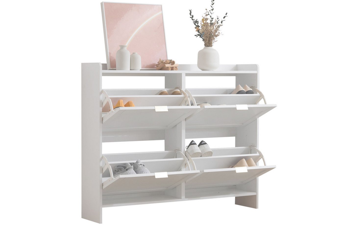Refined Living Schuhschrank mit 4 Klappenfächern, freistehendem Schuhregal, Flurschrank modern (Maße: B110/H90/T24 cm, mit offenen Ablageflächen, Schuhregal mit Klappen, Platzsparend, 1-St., Hochwertige Materialien und langlebige Verarbeitung, Vielseitig) Großer Stauraum, für Eingangsbereich, Flur, Wohnzimmer von Refined Living