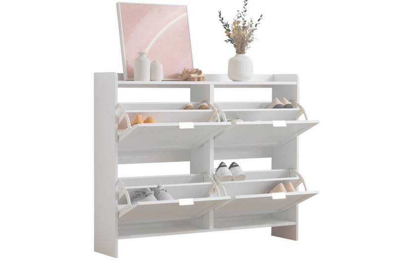 Refined Living Schuhschrank mit 4 Klappenfächern, freistehendem Schuhregal, Flurschrank modern (Maße: B110/H90/T24 cm, mit offenen Ablageflächen, Schuhregal mit Klappen, Platzsparend, 1-St., Hochwertige Materialien und langlebige Verarbeitung, Vielseitig) Großer Stauraum, für Eingangsbereich, Flur, Wohnzimmer von Refined Living