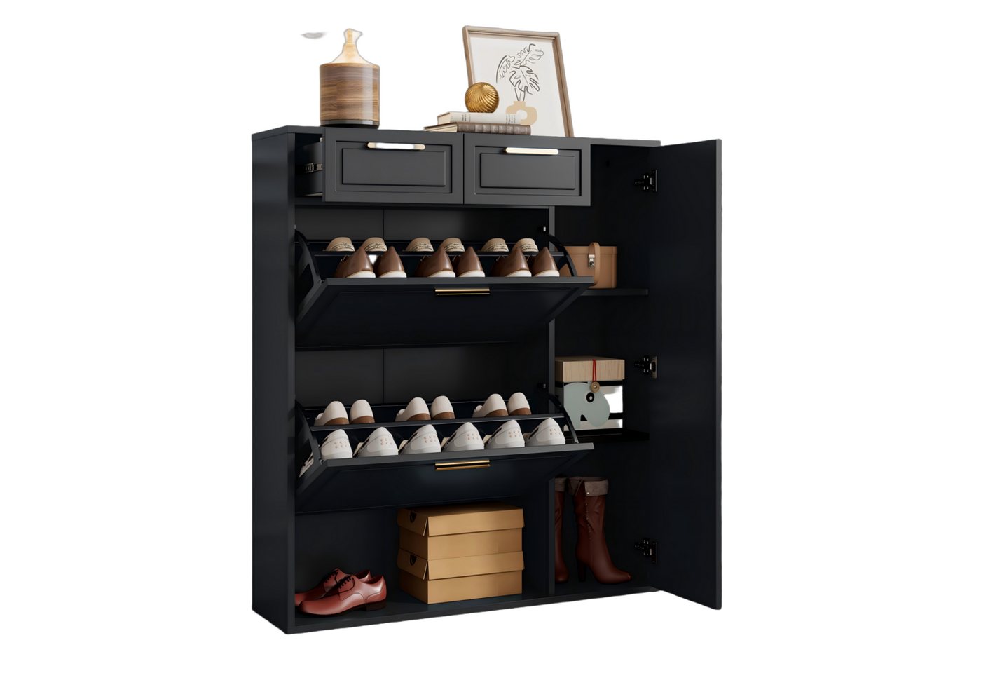 Refined Living Schuhschrank mit verstellbaren Regalen, goldenen Griffen, Kommode mit 2 Schubladen (B95/D24/H107.5cm, Moderner Schuhschrank mit Klapptüren & offenen Fächern, Schuhregal, mit 2 Schubladen und 3 Türen, Klappschrank, Multifunktional, Schuhaufbewahrung, Aufbewahrungsschrank,Schuhkommode, Flurschrank,Schuhschrank platzsparend, 1-St., mit Verstellbare Regale, Viel Stauraum, Sichere Kippsicherung) für Flur,Wohnzimmer,Eingangsbereich,Wohnung,Schlafzimmer,Diele,Büro von Refined Living