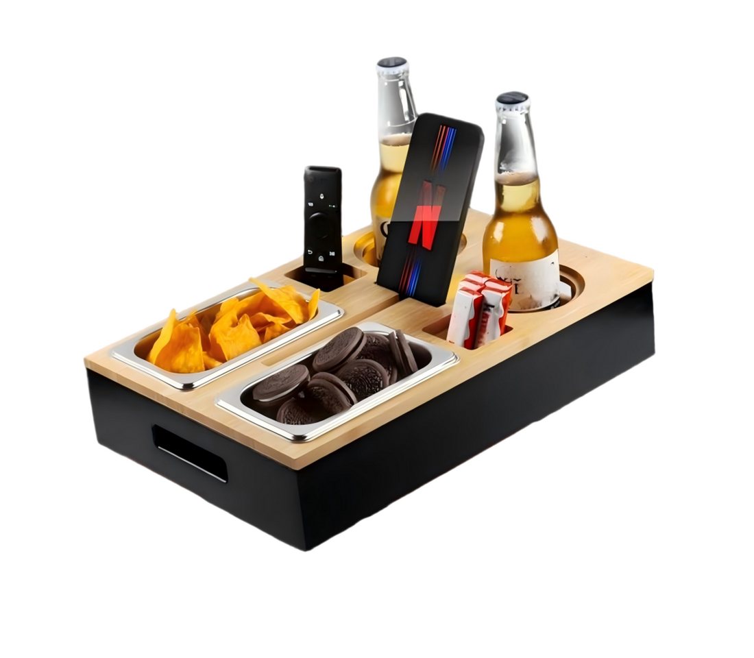 Refined Living Servierplatte Couchbar Snackbox schwarz, Sofa-Tablett,Couch Tablett Getränkehalter, Bambus (Tablett), Edelstahl (Schalen), Kork (Untersetzer/Deckel), (mit 2 Edelstahl-Schalen, 2 Getränkehaltern inkl. Weinglas-Ausschnitt, magnetischem Deckel/Kork-Untersetzern & Handyhalter, 1-tlg., Snackbox Sofa, Tablett mit Getränkehalter, Tablett Snacks), Bambus Tablett für Couch Wohnzimmer, Wohnmobil, Schlafzimmer von Refined Living