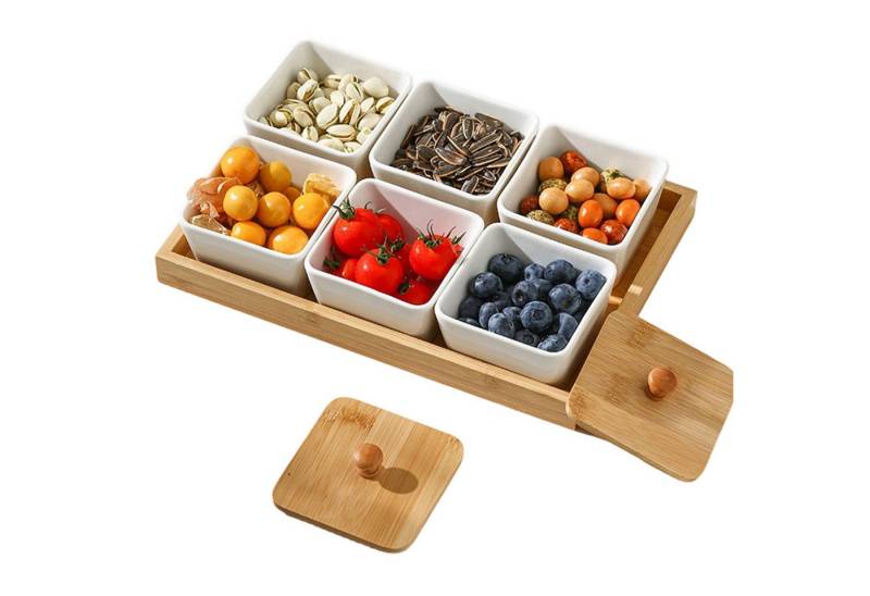 Refined Living Servierplatte Snackschale mit Holztabletts und Deckel 6 Keramik Servierschalen Set, (Dessertschale Tapas Schalen Snack-Serviertablett Marmeladenschälchen, 1-tlg., Ideal für Soße, Dips, Gewürze, Kräuter, Snacks, Salz, Pfeffer, Obst), Antipasti Dipschalen Süßigkeiten Schale für Esstischdeko Party Refined Living Servierplatte Snackschale mit Holztabletts und Deckel 6 Keramik Servierschalen Set, (Dessertschale Tapas Schalen Snack-Serviertablett Marmeladenschälchen, 1-tlg., Ideal für Soße, Dips, Gewürze, Kräuter, Snacks, Salz, Pfeffer, Obst), Antipasti Dipschalen Süßigkeiten Schale für Esstischdeko Party von Refined Living