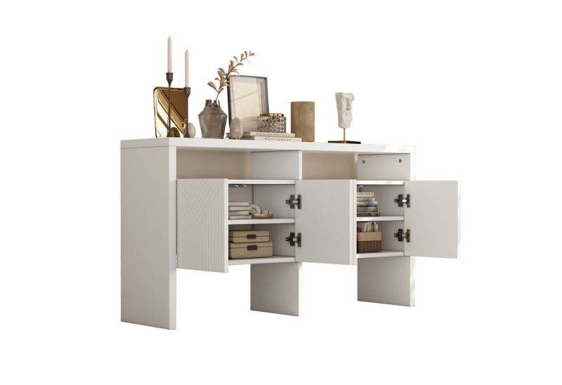 Refined Living Sideboard Kommode mit 2 offenen Fächern,4 Türen,Aufbewahrungsschrank,Flurschrank (Maße: 140 x 75 x 35 cm (B x H x T), Flurschrank mit Stauraum & gestreiften Türen, Wohnzimmerschrank, Lowboard mit Türen, Schrank mit Fächern und Türen, Sideboard für Deko & Bücher, Multifunktionale Kommode, 1 St., Viel Stauraum, Robuste Qualität, Sanftes Schließen, Einfache Montage), für Flur, Wohnzimmer, Esszimmer, Büro, Arbeitszimmer, Schlafzimmer von Refined Living