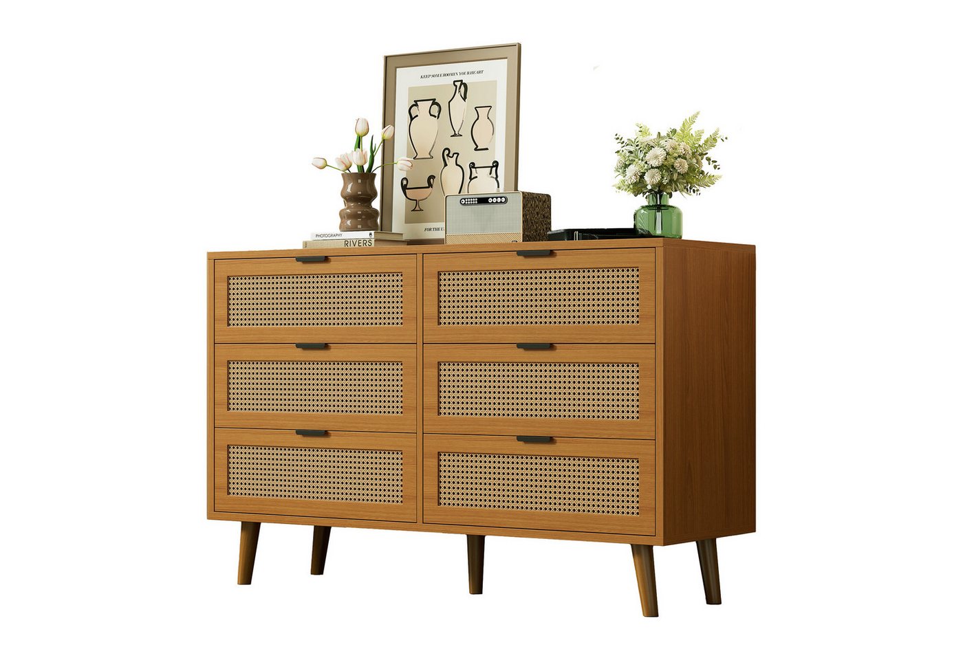 Refined Living Sideboard Kommode mit 6 Schubladen, Schubladenschrank aus Holz mit Metallgriffe (Maße: B120/H76.5/T40 cm, Schubladenkommode Rattan-Optik, Holzkommode, Hochwertige Materialien und Verarbeitung, 1 St., Sideboard Highboard mit viel Stauraum, Massivholzbeine), Einfache Montage,für Schlafzimmer, Wohnräume, Büro von Refined Living
