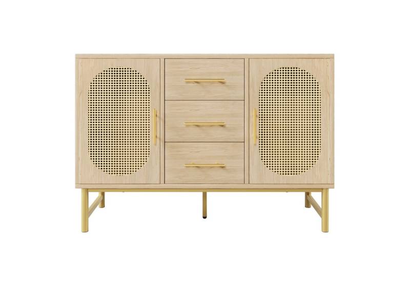 Refined Living Sideboard Rattan kommode mit 3-Schubladen und 2-Rattan-Türer, Schminktisch (120 x 40 x 74 cm, komodenschrank mit Verstellbare Regale, Kippschutz Sicheres Design, 1 St., Aufbewahrungsschrank, Multifunktionale Möbel, Robuste Materialien), Viel Stauraum, für Schlafzimmer, Wohnzimmer, Flur, Sonoma Eiche von Refined Living