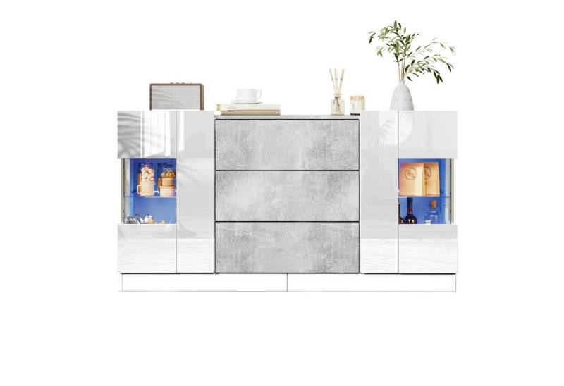 Refined Living Sideboard Wohnzimmerschrank mit LED, Kommode, Aufbewahrungsschrank mit Marmor (140 x 35 x 75 cm, Elegantes Sideboard mit 2 Türen und 3 Schubladen, Hochglänzende weiße Fronten und grauer Marmorlook, Möbel mit LED Beleuchtung, TV Schrank weiß, mit Glas,Kombination aus Stauraum und Präsentation, 1 St., Hochglänzende Sideboard-Fronten, Großzügiger Stauraum,Einfache Montage), für Wohnzimmer, Schlafzimmer, Esszimmer, Flur, Büro, Arbeitszimmer von Refined Living