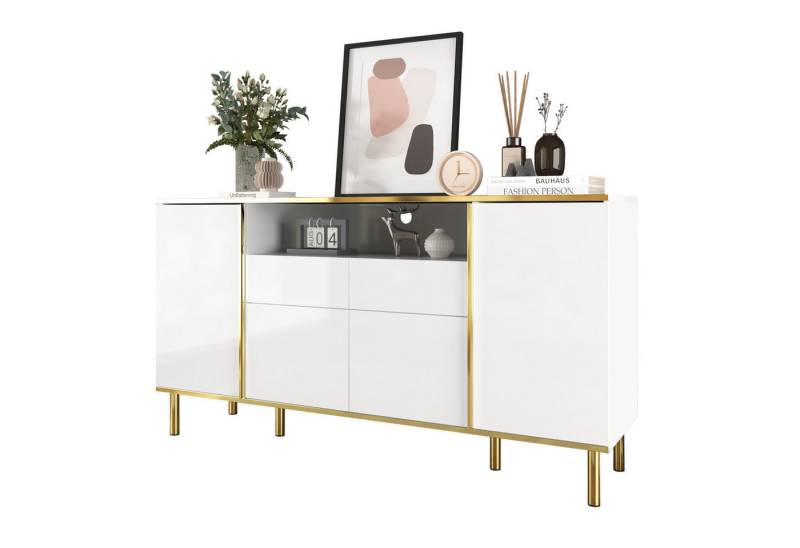 Refined Living Sideboard hochglänzendes weißes Sideboard, Kommode, Schlafzimmerkommode (1 St., mit 2 Schubladen, 1 St., mit LED-Beleuchtung und Goldakzenten Multifunktional und Hochwertig), für Ihr Schlafzimmer, Ihren Ess- oder Wohnbereich von Refined Living