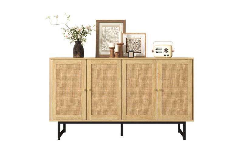 Refined Living Sideboard mit echtem Rattangeflecht, Aufbewahrungsschrank mit 4 Türen, Kommode (Rattanschrank,140x39,5x80 cm, modernes Design, Echtholzoptik, Flurschrank, mit Matte goldene Griffe und Verstellbare Einlegeböden, geräumiger Schrank, 1 St., Saugroboterfreundlich, Rattanmöbel, mit Gedämpfte Scharniere), Großer Stauraum, für Wohnzimmer, Esszimmer, Flur, Schlafzimmer von Refined Living