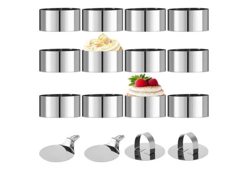 Refined Living Speisering 12 Stück Dessertringe und Speiseringe mit 2 Grundplatten und 2 Deckeln, Edelstahl, (8cm Edelstahl Lebensmittel Ringe Nahtlose Mousse Form Springform, Backformen Set Backzubehör Kuchenform Servierringe DIY Bäckergeschenke), Profi Tortenring für Backen, Dessert, Pudding und Keksen, Anrichten von Refined Living