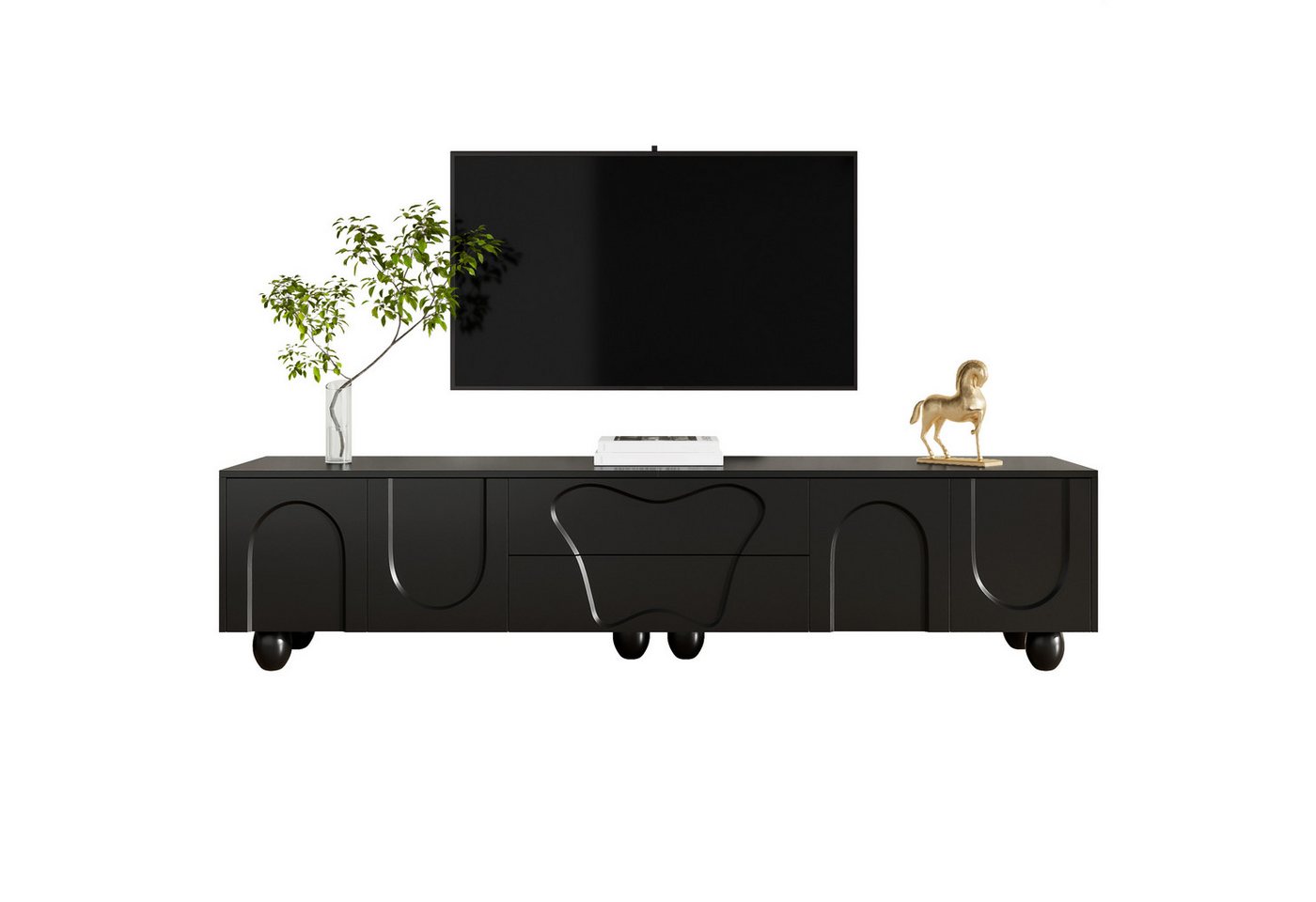 Refined Living TV-Schrank 180 cm schwarzer TV-Schrank mit Holzbeinen (180 cm (L) × 40 cm (B) × 42 cm (H), Wohnzimmerschrank mit Stauraum, Lowboard mit 2 Schubladen und 2 Türen, Minimalistisches TV Möbel, Fernsehschrank, 1-St., Hochwertige Materialien, Stabile Holzfüße, Einfache Montage) Viel Stauraum, für Wohnzimmer,Medienräume,Büro oder Arbeitszimmer von Refined Living