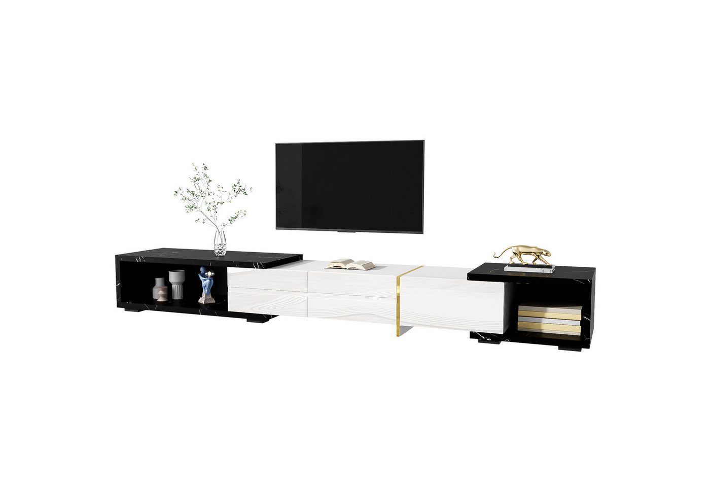 Refined Living TV-Schrank mit variabler Länge, Fernsehtisch mit Marmoroptik, Lowboard, TV-Möbel (1-St., mit Hochglanz-Matt-Finish und goldenen Verzierungen) von Refined Living