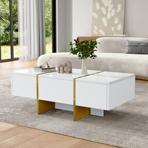 Refined 100 * 50 * 35cm Hochglanz moderner Wohnzimmer-Couchtisch, weiß mit 4 Schubladen Couchtisch, Aufbewahrungs-Wohnzimmertisch, Kleiner Wohnungs-Aufbewahrungs-Beistelltisch von Refined