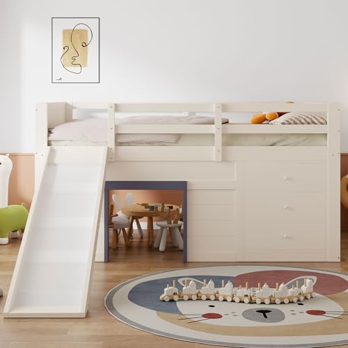 Refined 140 x 200 niedriges Hochbett mit Rutsche, DREI Schubladen und Zwei Türen, Creme Refined 140 x 200 niedriges Hochbett mit Rutsche, DREI Schubladen und Zwei Türen, Creme von Refined