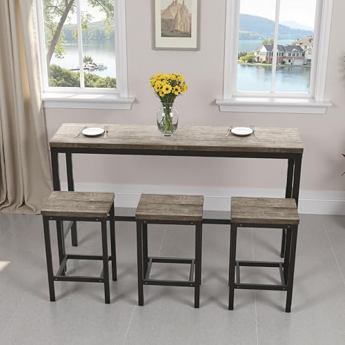 Refined 148CM Modern Design Kitchen Pub Table Long Dining Table Set Küche Esstisch Kneipentisch Langer Esstisch mit 3 Hockern Einfache Montage Braun Grau von Refined