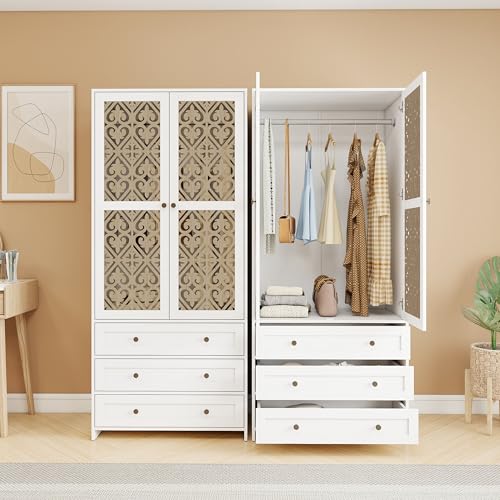 Refined 1PC Weißer Aufbewahrungsschrank mit Schnitzmuster Boho Garderobenschrank mit Rattangeflecht 3 Schubladen und Kleiderstange aus ideal für Wohnzimmer von Refined