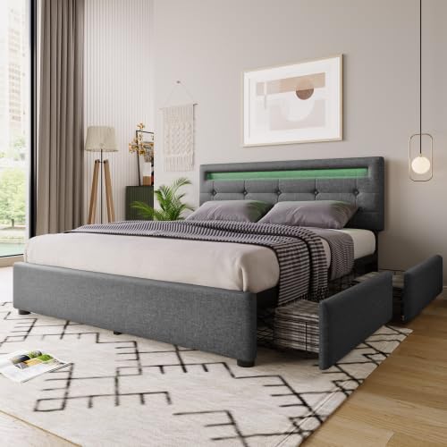 Refined 4 Schubladen Doppelbett Polsterbett 140x200cm Höhenverstellbarem Kopfteil Lattenrost aus Holz Grau (Ohne Matratze) von Refined