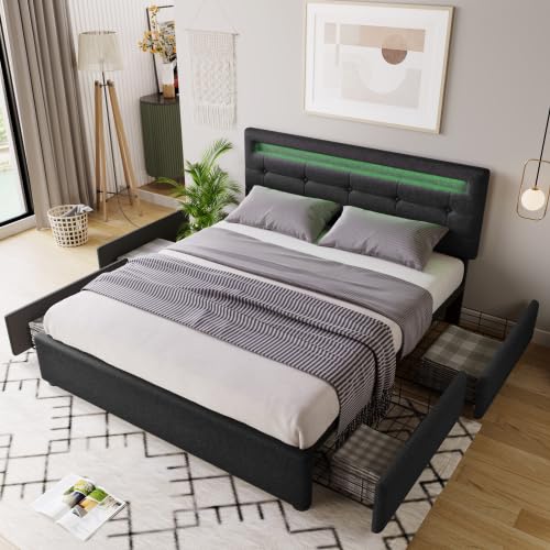 Refined 4 Schubladen Doppelbett Polsterbett 140x200cm Höhenverstellbarem Kopfteil Lattenrost aus Holz Schwarz (Ohne Matratze) von Refined