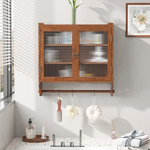 Refined 63CM Glass Door Vintage Double Door Wall Cabinet with Three Tiers of Storage with Towel Rack for Bathroom KitchenDining RoomBrown von Refined