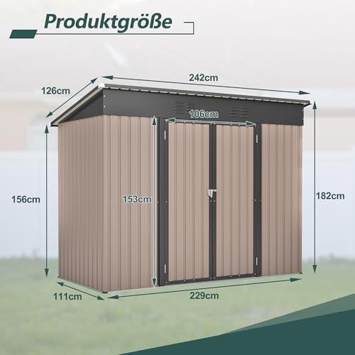 Refined 8x4 FT Metall Gerätehaus Gartenhaus Inkl. Metallfundament (ohne Boden), wetterfest Gartenschuppen für Outdoor Garten Terrasse, Braun von Refined