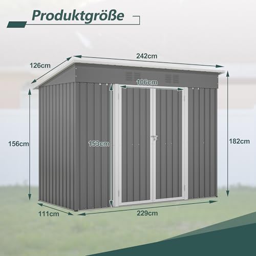 Refined 8x4 FT Metall Gerätehaus Gartenhaus Inkl. Metallfundament (ohne Boden), wetterfest Gartenschuppen für Outdoor Garten Terrasse, Grau von Refined