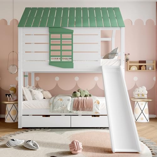 Refined 90X200 Haus-Etagenbett mit Rutsche und 2 Schubladen, Weiß+Grün Refined 90X200 Haus-Etagenbett mit Rutsche und 2 Schubladen, Weiß+Grün von Refined