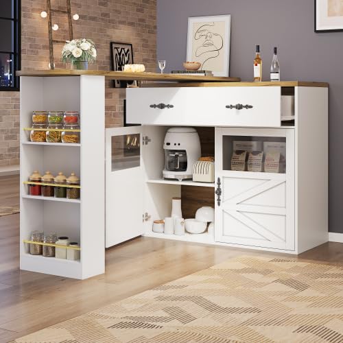 Refined Ausziehbarer Bartisch mit Stauraum 360°drehbare Essbar Moderner Beweglicher Bar Table Hochtisch Kücheninsel Bistro Sideboard Schrank mit Regalen weiß von Refined