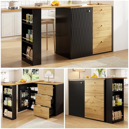 Refined Ausziehbarer Bartisch mit Stauraum 360°drehbare Essbar Moderner Beweglicher Bar Table Hochtisch Kücheninsel Bistro Sideboard mit Holzmaserung von Refined