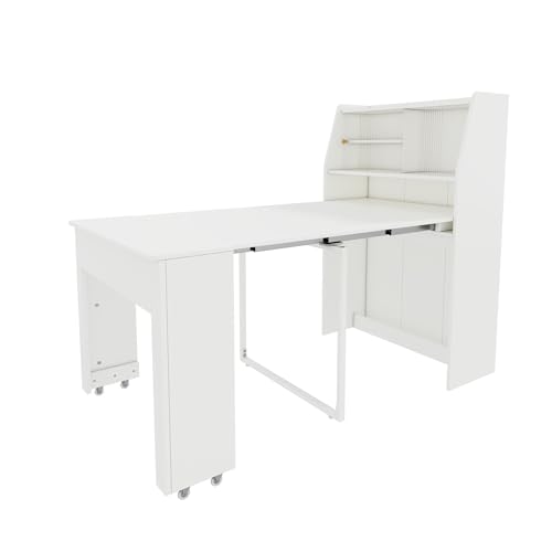Refined Ausziehbarer Esstisch Ausziehtisch Esszimmer Stauschrank mit Stauraum Rechteckiger Coffee Lounge Tisch Platzsparender Multifunktions Weiß von Refined