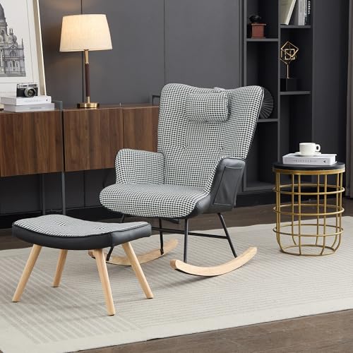 Refined Chippendale Muster Schaukelstuhl mit Seitentasche Schaukelstuhl, hohe Elastizität Schaumstoffkissen mit Fußstütze und Kopfstütze, Wohnzimmer Sessel, kariert Schlafzimmer Sessel von Refined