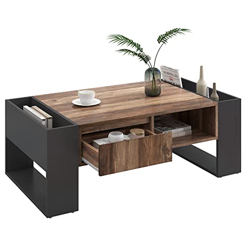 Refined Couchtisch aus Holzmaserung mit Eine grifflose Schublade EIN Staufach und Heckstaufachdoppelseitiger Stauraum Mit Staufächern auf beiden Seiten Wohnzimmer-Sofatisch großer Stauraum Anthrazit von Refined