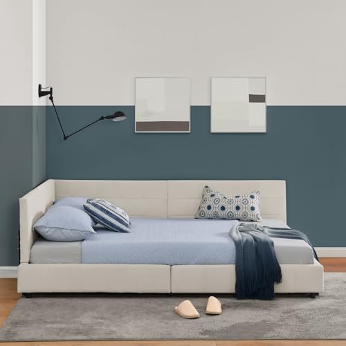 Refined Doppelbett 140 * 200 cm mit Polsterung, weiches hautfreundliches Samt, L-förmiges Eckbettgestell, robuste Eukalyptus- und Eisenlatten, einfach zu montieren, Beige (ohne Matratze) von Refined