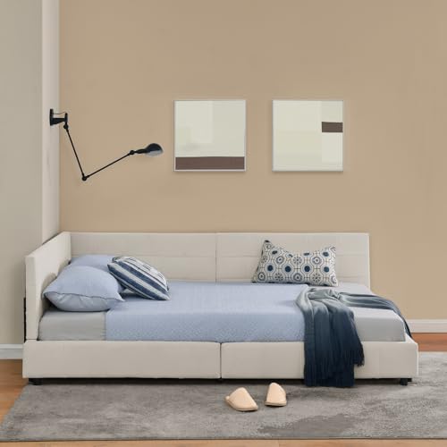 Refined Doppelbett 160 * 200 cm mit Polsterung, weiches hautfreundliches Samt, L-förmiges Eckbettgestell, robuste Eukalyptus- und Eisenlatten, einfach zu montieren, Beige (ohne Matratze) von Refined