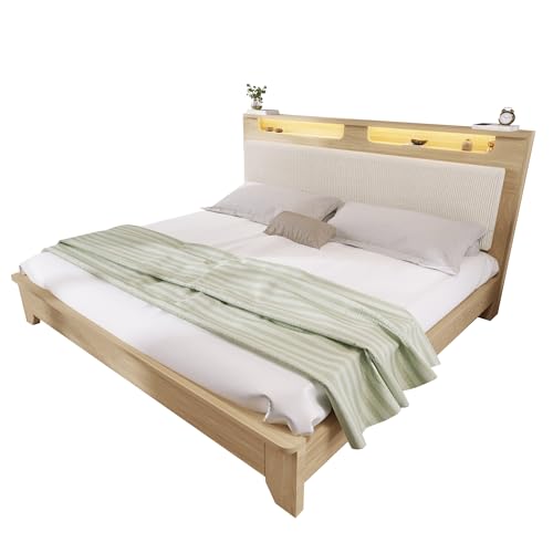 Refined Doppelbett Holzbett 140×200cm, Kopfteil mit Stauraum, LED-Beleuchtung und Beigefarbener Cordpolster-Rückenlehne, Bettrahmen mit Holzlatten, Heller Eiche(Ohne Matratze&Bettbank) von Refined