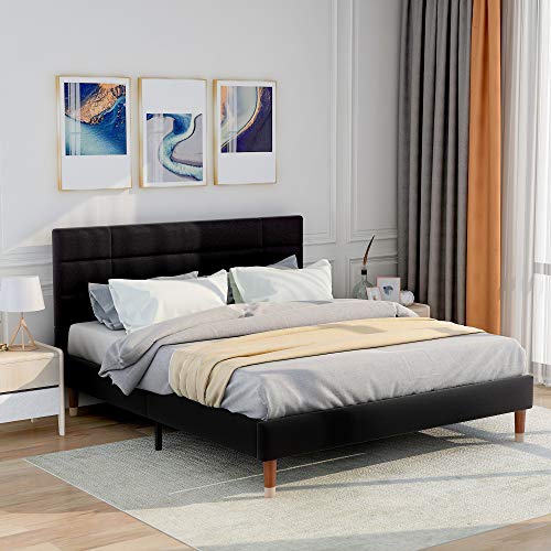 Refined Doppelbett mit Lattenrost, 140x200cm gepolsteres Bettgestell mit Kopfteil, in Schwarz Leinen, für Erwachsene&Jugendliche(Mit Federkernmatratze) von Refined